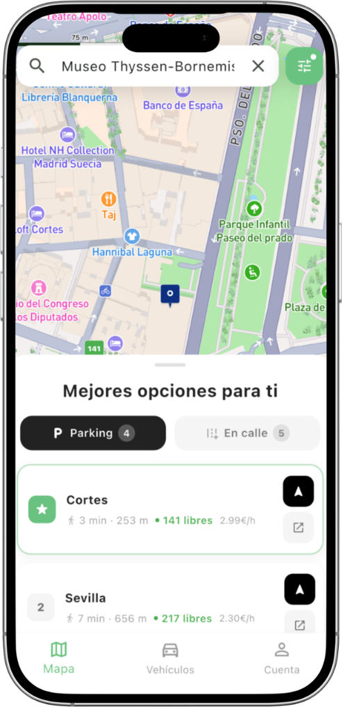 Interfaz de la app Plazely mostrando un mapa con plazas disponibles